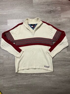Tommy Hilfiger Cream and Red Ribbed Half-Zip Sweater with Stripes